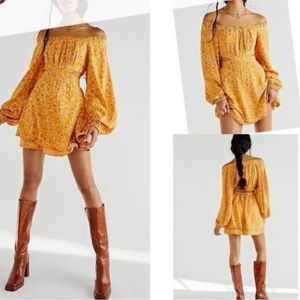 Free People Jael Cutout Mini Dress Golden Yellow Motif Floral Long Sleeve